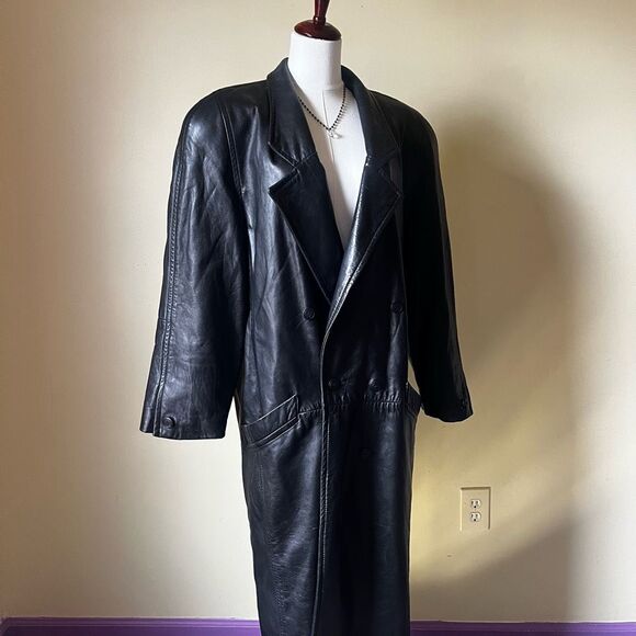 Vintage 80s 90s Black Leather Maxi Trench Coat USA Y2K Goth Matrix Grunge Sz 10 - Picture 10 of 11